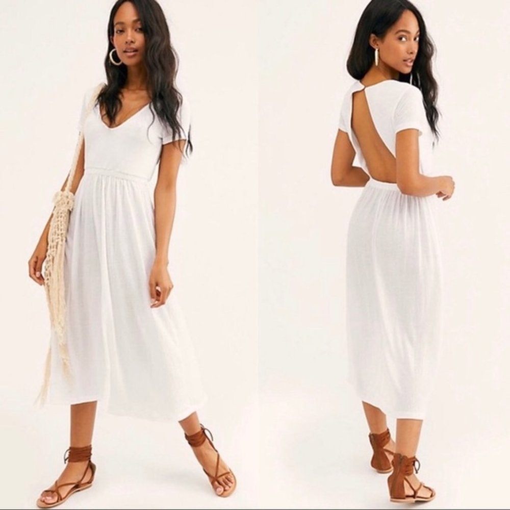 Beach Break White Midi Dress V‎ Neck Short Sleeve Open Back
